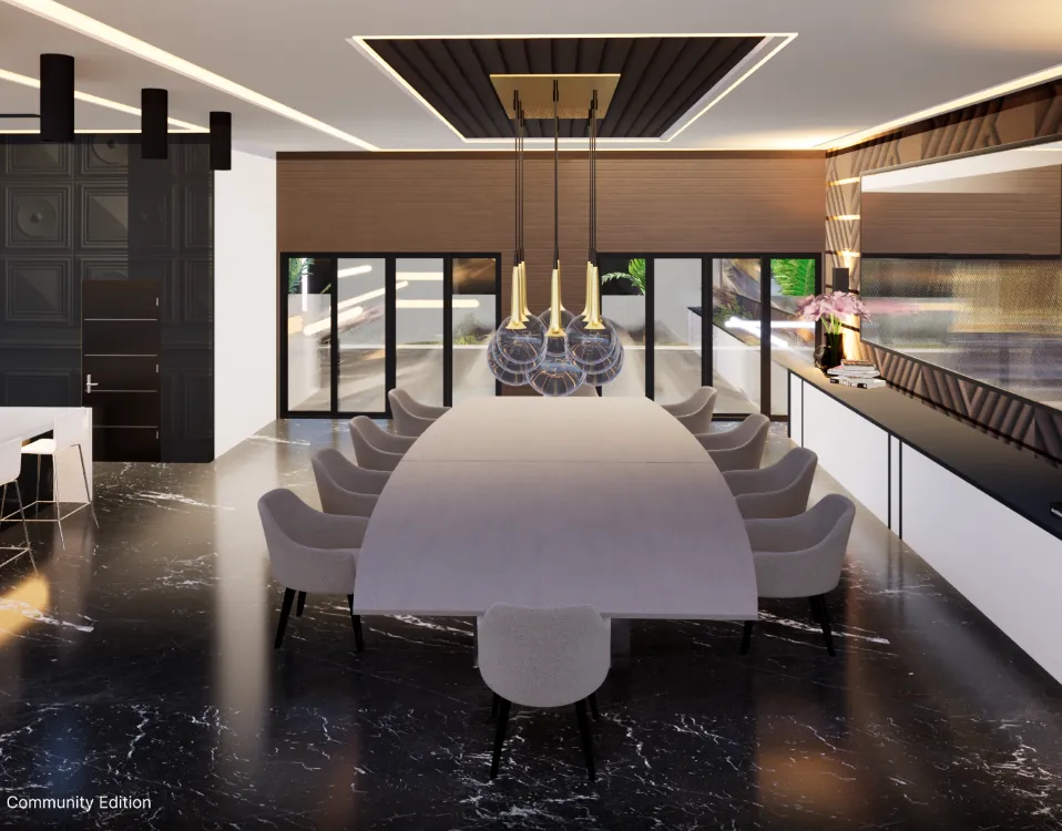 perspective showing interiors with proposed material finishes